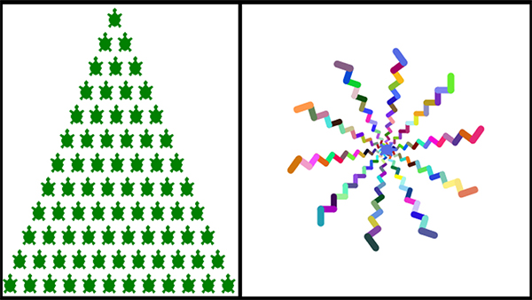 Abstract drawings of turtles and a multi-colored spiral