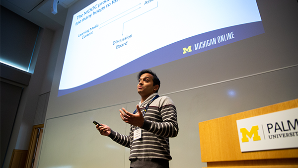 Vish Chandawarkar speaking at the academic innovation student showcase