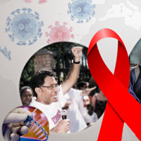 Man speaking to crowd and illustration of a red AIDS ribbon