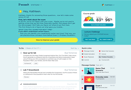 Screenshot of the ECoach interface with a personalized message for a user named "Kathleen" including a course grade scale showing a a current grade of 83 percent and a goal of 96 percent, a "to do" list for the week of October 17, quick links, and a message center.