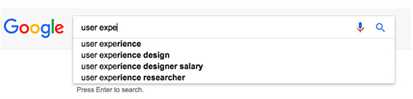 This is a screenshot of a Google search and results. It shows “user expe” typed into the search bar and the autofill results as “user experience,” “user experience design,” “user experience designer salary,” and “user experience researcher.”