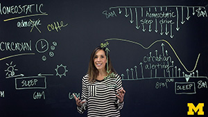 Dr. Cathy Goldstein standing behind transparent glass with a variety of terms and illustrations illustrating the neurological process of sleep