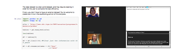 Python code on the left of the image with a chat window on the right with two students on a webcam and a chat box
