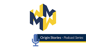 M-Write logo above an illustration of a microphone with text that reads "Origin Stories Podcast Series."