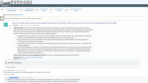 Screenshot of Reddit Ask Me Anything Thread for Applied Data Science with Python