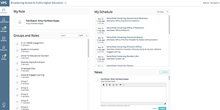 Screenshot of the ViewPoint interface including left-hand navigation and windows for "my role," "groups and roles," "my schedule" and "news."
