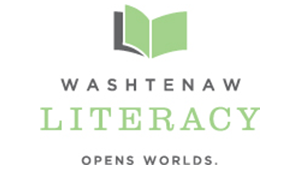 Open book. Washtenaw Literacy. Opens Worlds. 