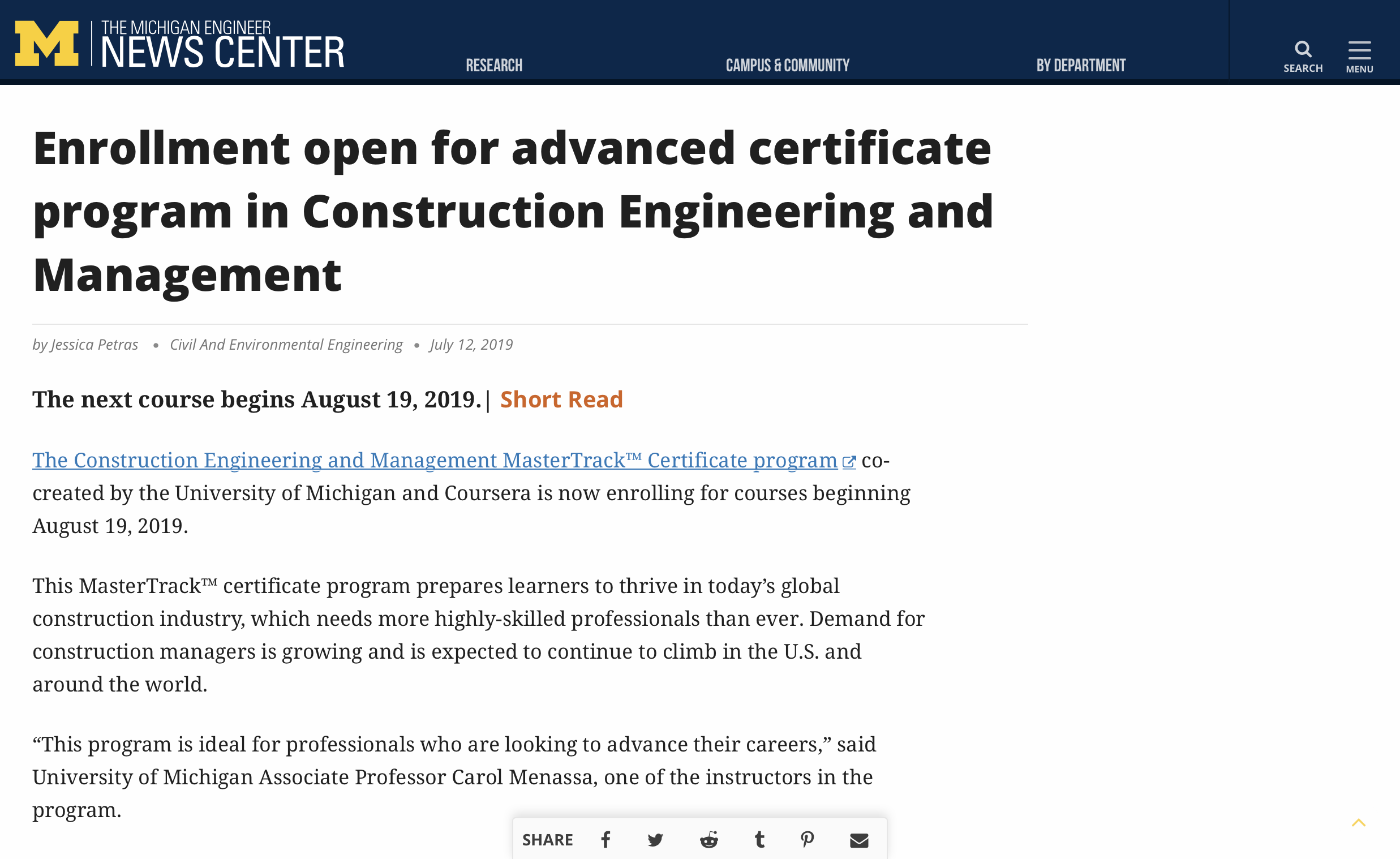 Enrollment Open for Advanced Certificate Program in Construction Engineering and Management