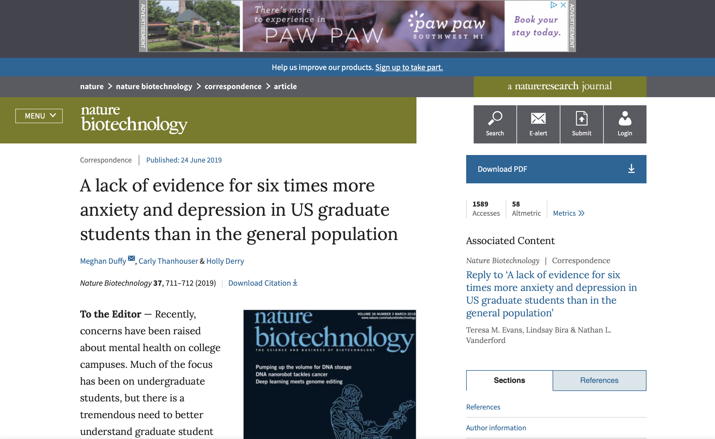 A Lack of Evidence for Six times More Anxiety and Depression in US Graduate Students than in the General Population