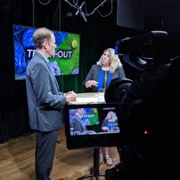 two people in studio recording teach-out
