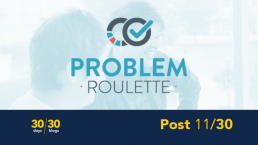 A logo for the software tool, Problem Roulette, which includes two overlaping circle, one with a check mark, in front of a faded image of two students working together and above text reading 