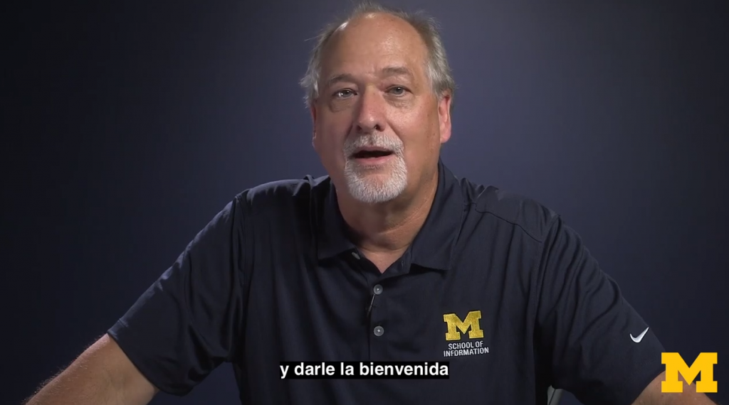 Screenshot of Professor Charles (Dr. Chuck) Severance speaking to the camera with Spanish subtitles at the bottom of the frame.