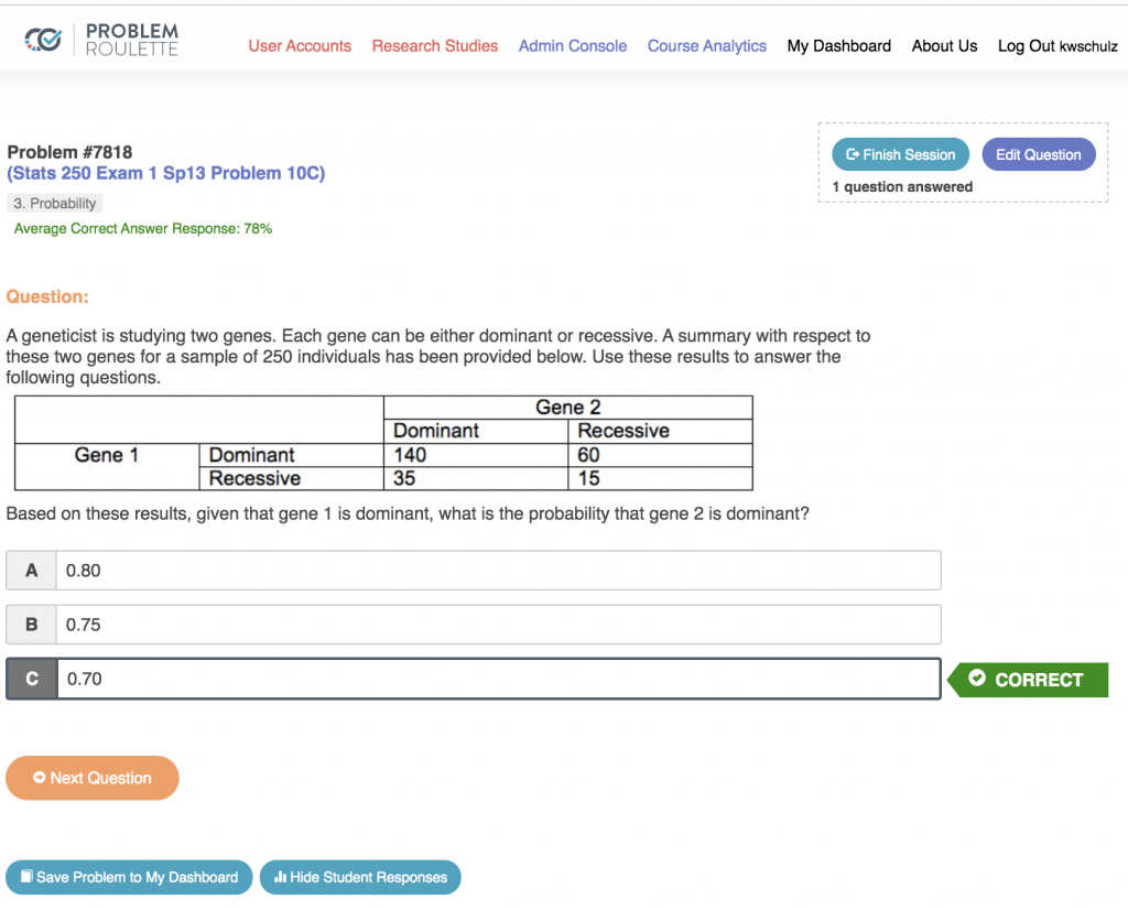 A screenshot of the Problem Roulette user interface showing a page titled "Problem #7818" followed by a statistics question and a two-column, four-row table and three multiple choice answers. Answer "C" is selected and marked "correct."