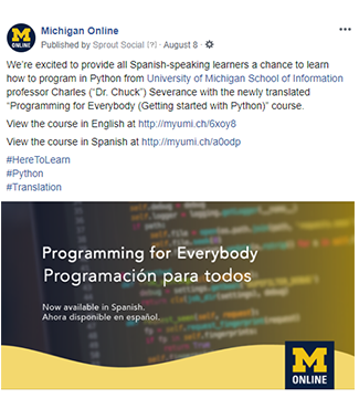 Screenshot of a Facebook post written in English to promote the Spanish-language version of the "Programming for Everybody" course.