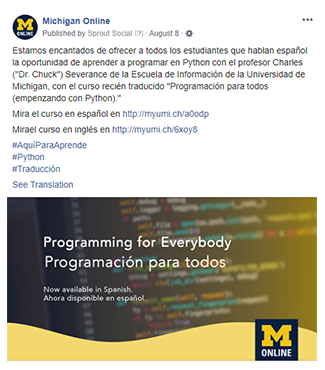 Screenshot of a Facebook post written in Spanish to promote the Spanish-language version of the "Programming for Everybody" course.