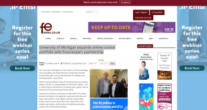 Screenshot of a news story from fe.news.co.uk about University of Michigan's partnership with FutureLearn.