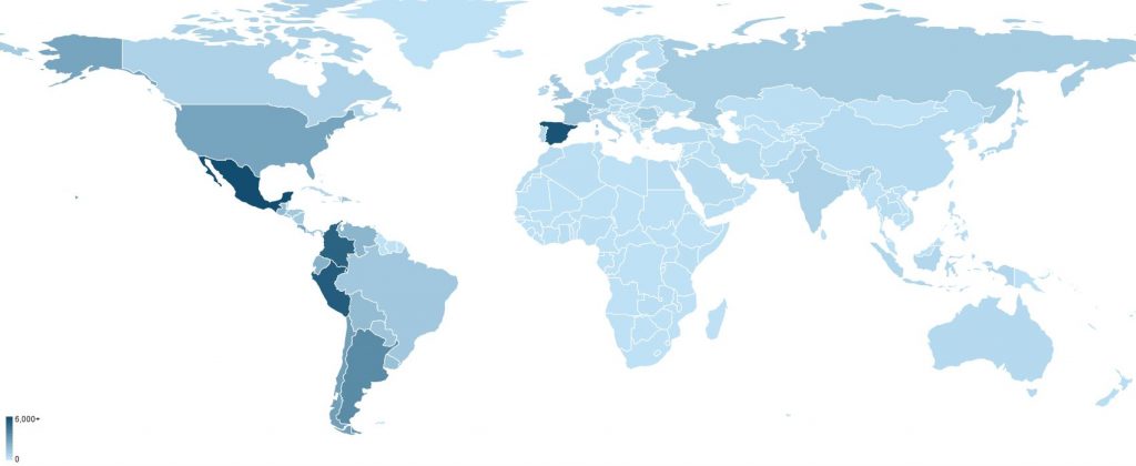 Map of learner's in Dr. Chuck's Python for Everybody course in Spanish