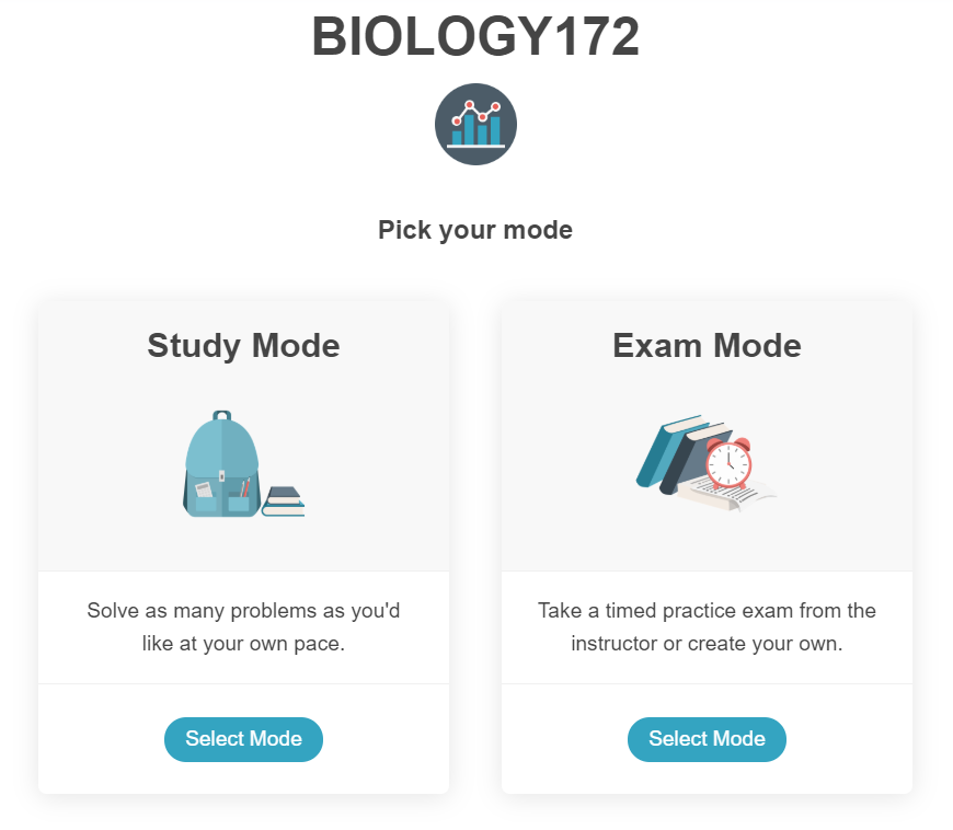 A screenshot from Problem Roulette for the "Biology 172" course including a option to select a "Study Mode" or "Exam Mode."