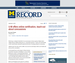Screenshot of the The University Record with a piece about two new online learning experiences about sport-related concussion.