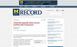Screenshot of the The University Record with a piece about the University of Michigan partnership with FutureLearn.