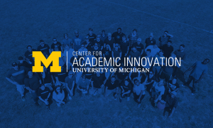 The Center for Academic Innovation logo in front of a tinted aerial photo of a group of individuals in a field.