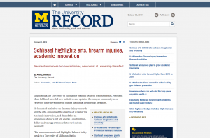Screenshot of a story from The University Record with the title "Schlissel highlights arts, firearm injuries, academic innovation."
