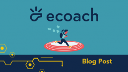 Illustration of ecoach logo with whistle and student running with backpack