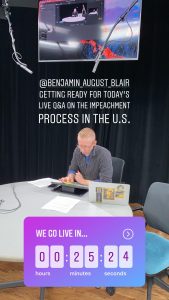 Instagram live screen capture of Benjamin Morse working at a table