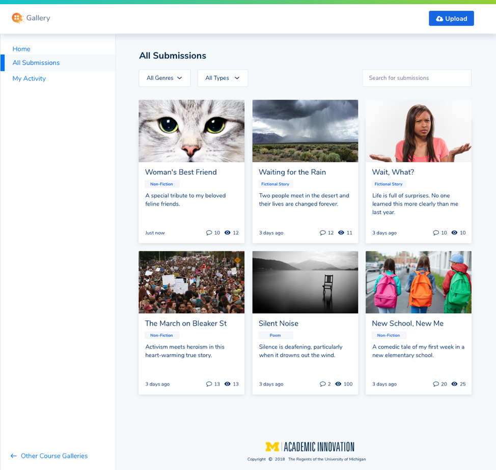 Screenshot of the All Submission page in Gamut Gallery, where users can browse others’ work.