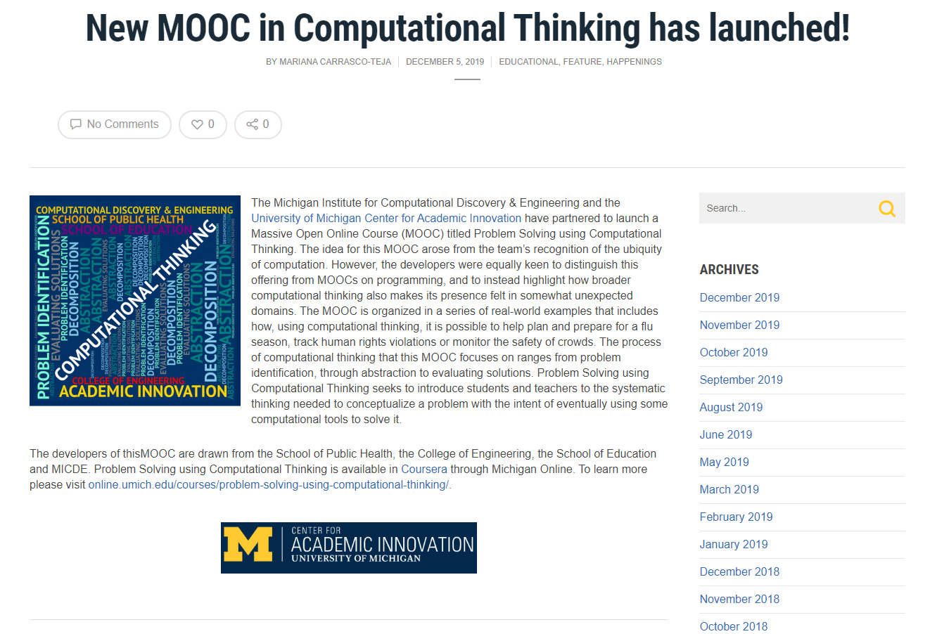 New MOOC in Computational Thinking has Launched!