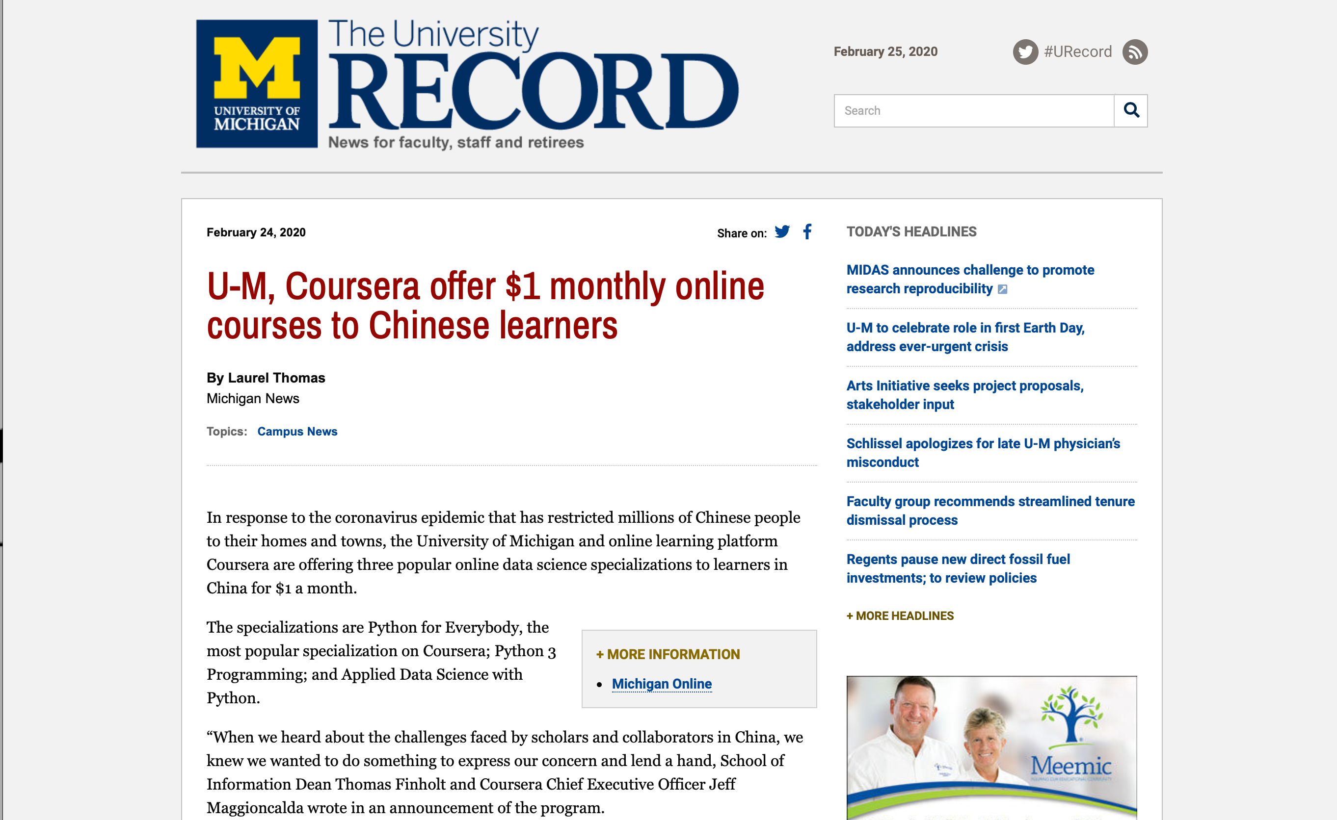 U-M, Coursera offer $1 monthly online courses to Chinese learners