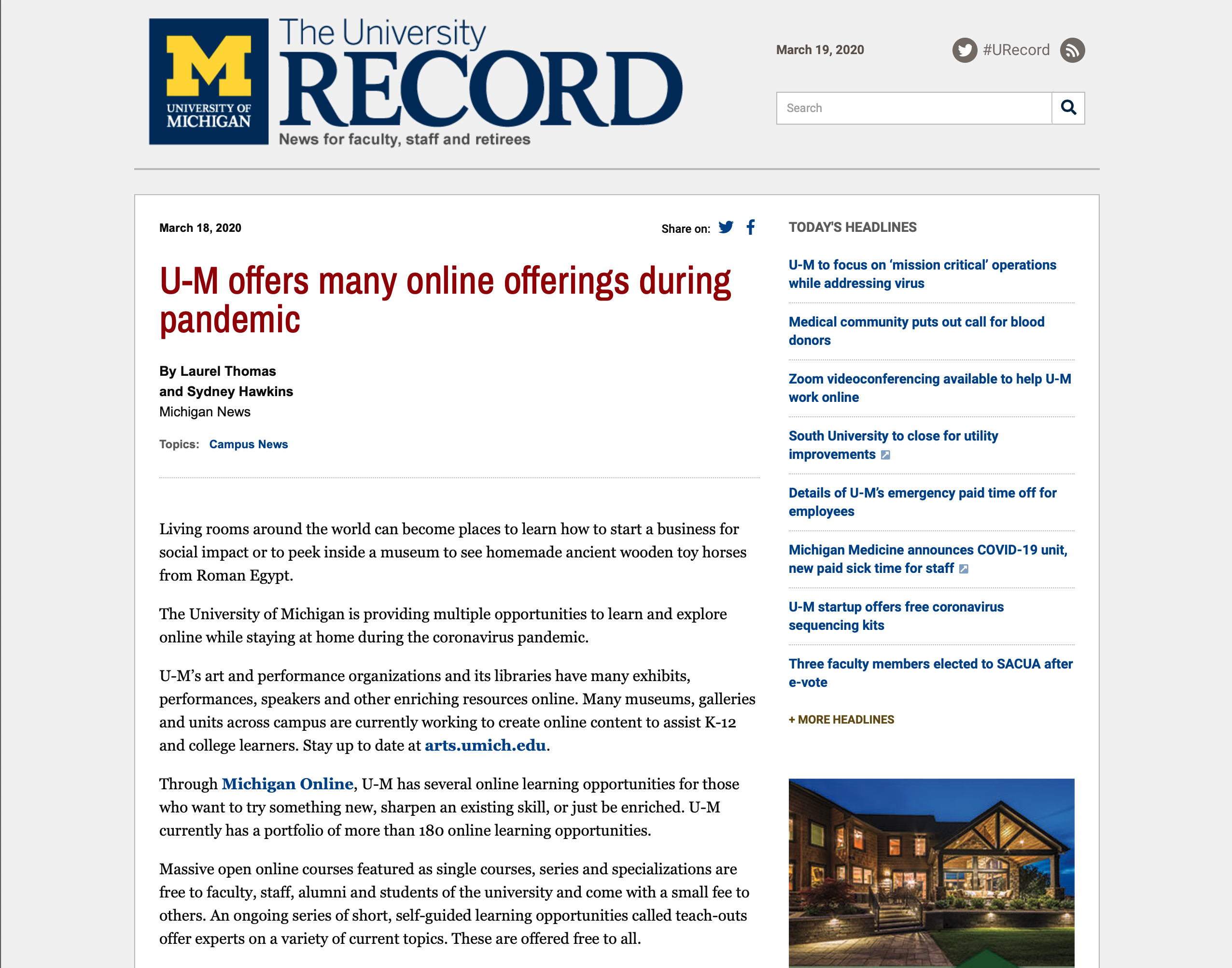 U-M offers many online offerings during pandemic