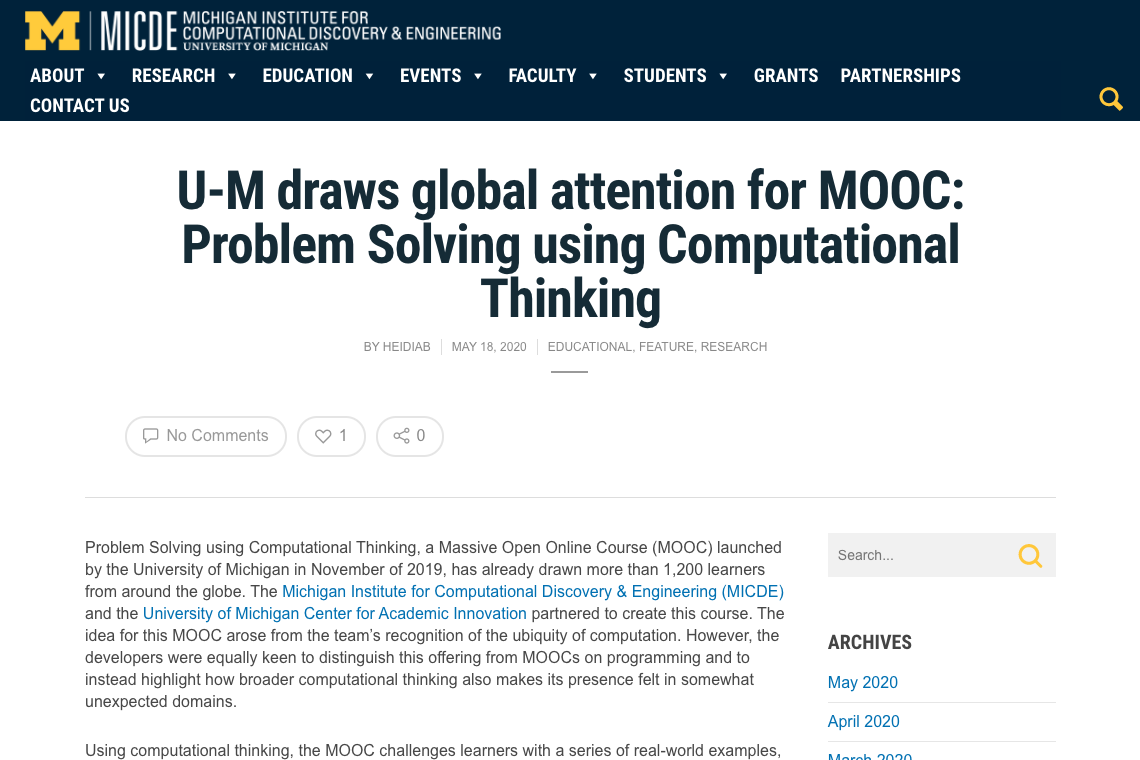 U-M draws global attention for MOOC: Problem Solving using Computational Thinking