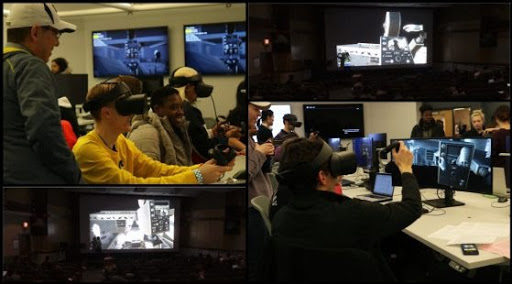 collage of images of the Citizen Kane VR experience including students with headset, monitors of immersive environment