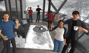VR rendering of a class of students waving