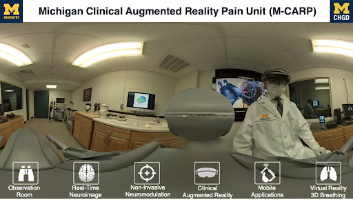 virtual landscape with heads up display showcasing various xr tools in doctor's office.