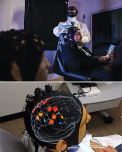 top image shows patient sitting in chair with augmented reality cap on while doctor wears hololens. Bottom image shows from top down the top of patient's head with a virtual brain map on patient's head