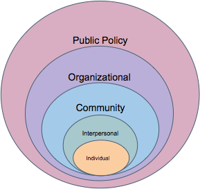Increasingly large circles showing the levels of the socio-ecological model from smallest to largest: individual, interpersonal,community, organizational, public policy