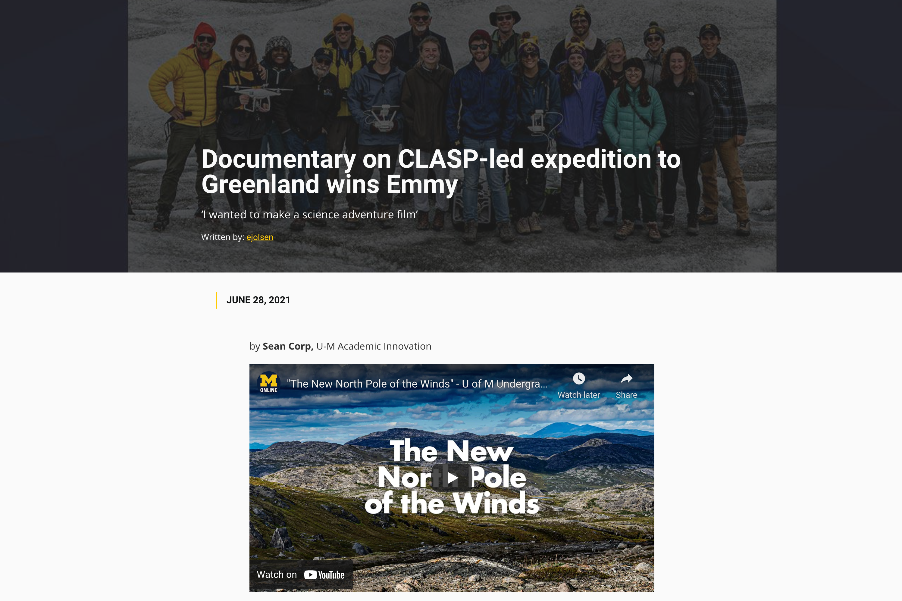 Documentary on CLASP-led expedition to Greenland wins Emmy