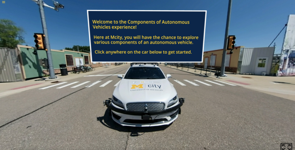 still of 360 video experience of autonomous vehicle with pop-up text instructions on the screen.