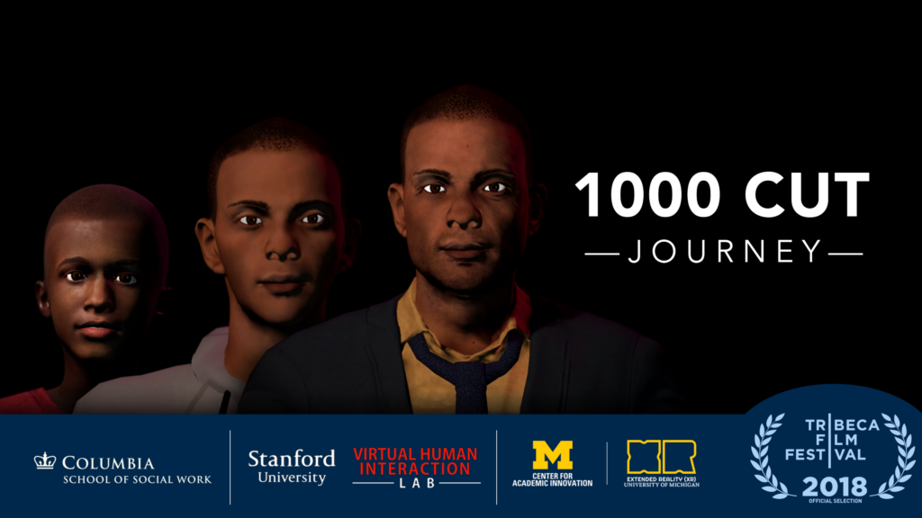 Game rendering of a Black man at three different ages. Logos of Columbia Univeristy's School of Social Work, Stanford University, Virtual Human Interaction, Center for Academic Innovation, XR logo alongside an award from the Tribeca Film Festival. 