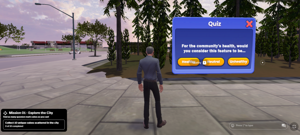 virtual avatar character stands in virtual city looking at popup window asking a quiz question about community health. 