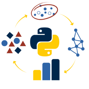 Python logo centered with shapes representing graphs and data points encircling it.