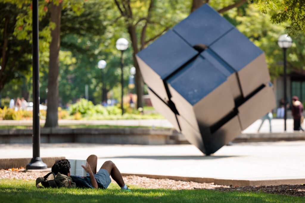 person in foreground lying in grass reading a book. The Cube in background.