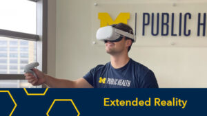 Man with VR headset extending arm with a controller in his hand. The graphic on image says Extended Realty