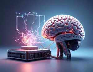 Illustration of a human brain connected to a circuit board, with glowing digital connections and a schematic diagram in the background.