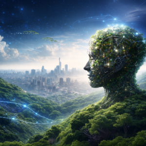 Futuristic human-like head made of greenery and glowing circuits overlooks a modern city nestled in a lush valley under a star-filled sky.