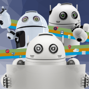 Three white, futuristic robots with large camera-lens eyes appear against a geometric blue background. Colorful horizontal bands with small technology icons run across the image, while the robot in the foreground holds a translucent rectangular paper.