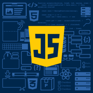 A yellow JavaScript icon, a shield with the letters JS in the middle, on top of a dark blue background that includes code, webpages, and other graphics to relay web page development.