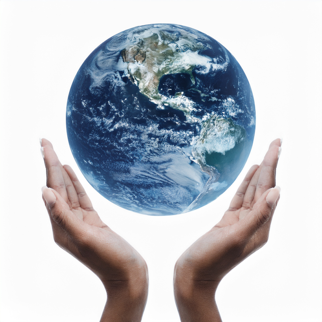 Two open hands cradle a floating globe showing North and South America against a white background.